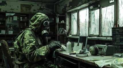 Fototapeta premium Person in the old scientific soviet abandoned laboratory
