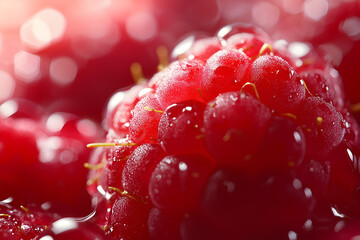 Close-up of fresh raspberries with a focus on their detailed and juicy texture, showcasing their vibrant red color. Ideal for fruit, food, and healthy eating stock photography.
