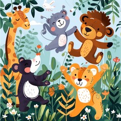 Naklejka premium Happy Animals In Jungle.