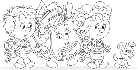 Happy little schoolboy, schoolgirl and a cartoony Schoolbag merrily talking and going to school to the start of classes, black and white outline vector cartoon illustration for a coloring book