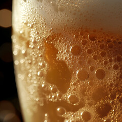 Extreme close-up of beer bubbles and foam in a glass, capturing the texture and refreshing qualities of a freshly poured drink. Perfect for beverage and alcohol-related imagery.
