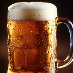 A frosty glass mug filled with golden beer and a thick layer of foam on top, radiating a refreshing and inviting appeal. Ideal for beer and beverage-themed stock photos.

