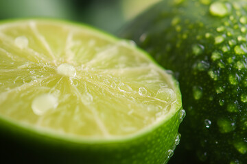 A close-up of a juicy lime half covered in water droplets, highlighting its fresh and vibrant green color. Ideal for citrus-themed culinary and beverage imagery.
