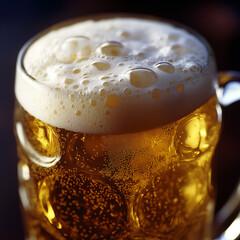 Golden beer in a frosted glass mug with thick foam on top, exuding a refreshing and inviting appeal. Perfect for showcasing beer-related products and beverages.
