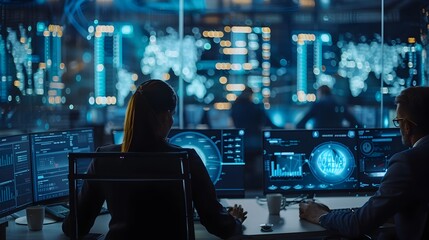 Futuristic Fraud Detection Team Analyzing Data with High Tech Tools in Collaborative Effort