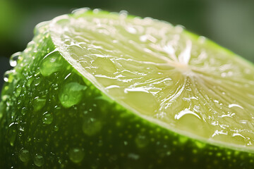 Close-up of a fresh lime slice with water droplets on its surface, showcasing vibrant green color and juicy texture. Ideal for beverage and citrus-themed stock photography.
