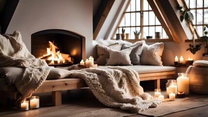cosy reading alcove near the hearth. Cushions and a large crocheted blanket on a bench. Modern living room in attic, hygge home interior design, Scandinavian farmhouse. cozy, candlelit winter mood