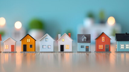 Colorful miniature house models lined up on a wooden table