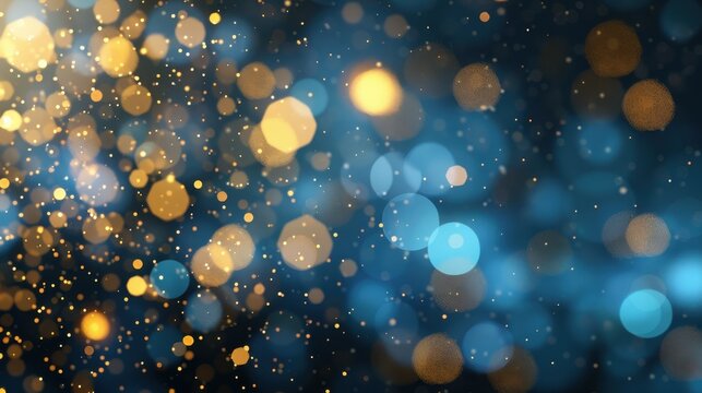Elegant abstract bokeh lights in blue, gold, and black, creating a festive atmosphere perfect for invitations and stylish wallpaper designs.
