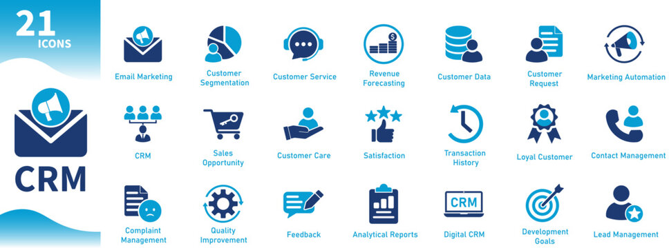 Customer relationship management icon. Collection of icons themed CRM, business, customer care, customer data. Solid vector icons.