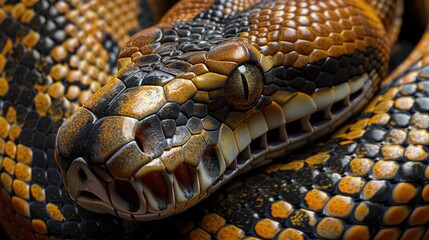 A snake with a black and yellow head and brown and black body