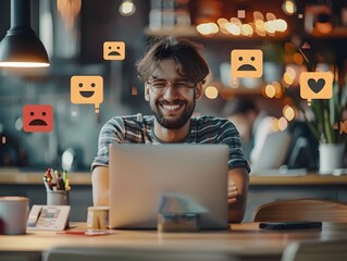 Smiling man enthusiastically analyzing product feedback data using laptop in coworking office setting