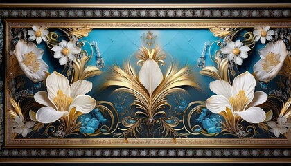 The mural illustration features a white and blue backdrop decorated with golden jewelry and flowers, framed by black decorative wallpaper