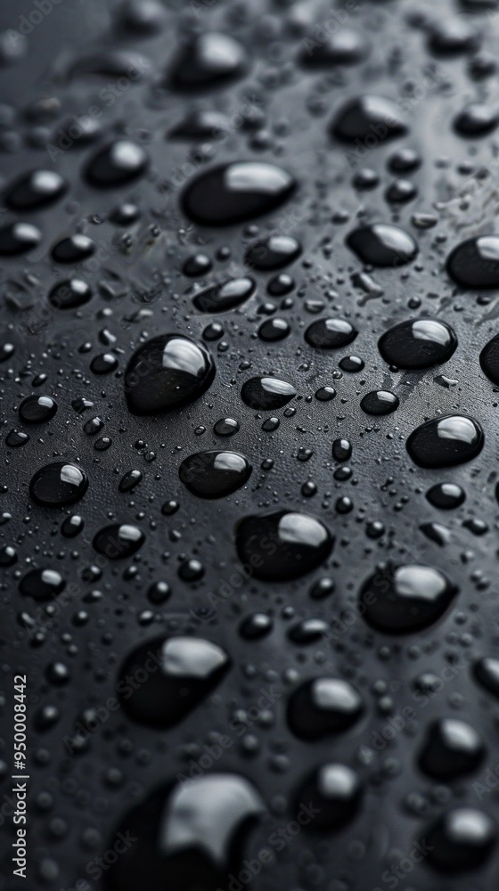 Poster the image is a close up of a black surface with many small drops of water on it