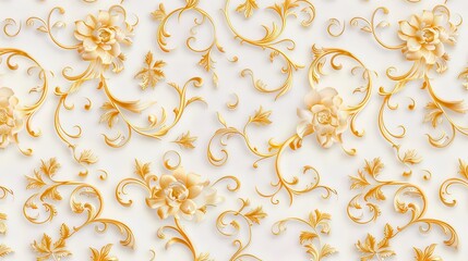 Elegant gold ornament on a pristine white background, creating a seamless wallpaper texture, ideal for luxurious interior design or decorative applications.