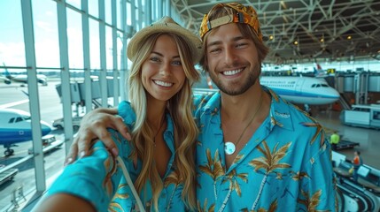 Wanderlust Memories - Couple in Matching Travel Outfits Taking a Selfie at Airport