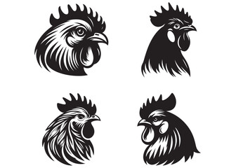 chicken rooster head logo vector silhouette, rooster head logo design vector illustration, black and white chicken rooster head Silhouette, rooster head logo icon template vector illustration 