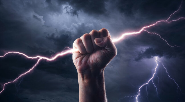 Raised fist holding up a lightning bolt. Stormy dark cloudy background sky. Zeus the god of thunder and lightning. Raised hand holding a energy electricity lightning bolt.