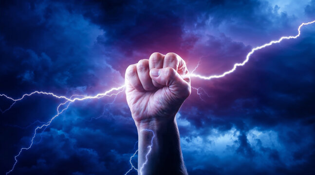 Raised fist holding up a lightning bolt. Stormy dark cloudy background sky. Zeus the god of thunder and lightning. Raised hand holding a energy electricity lightning bolt.