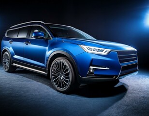 Fototapeta premium The sleek lines and design details of an automobile stock are captured by a dark blue SUV with headlights on in the background of darkness.