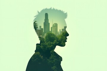 Double exposure silhouette of person blending urban and natural elements against green background