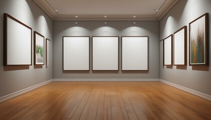 Obraz premium This is a 3D rendering of a corridor wall with blank posters, hardwood floors and a concept of an art gallery.