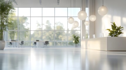 Fototapeta premium Bright modern office space, blurred background, soft focus, white and clean interior, hanging pendant lights, large windows, natural light, minimalist design.