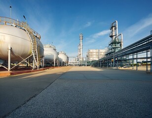 This is the front view of an oil and gas refinery plant industrial zone. An oil tank is located inside the refinery factory.