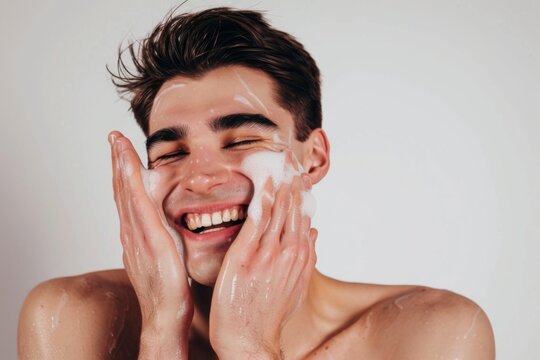 A man is smiling while washing his face with soap. Concept of relaxation and self-care