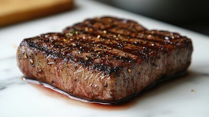 Grilled steak with a perfect char, plated on a clean white surface