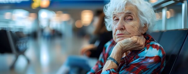 Obraz premium Weary Elderly Woman Waiting Alone at Airport Gate Reflecting on Travel Fatigue