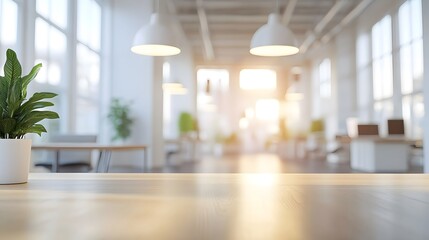 Fototapeta premium Bright modern office space, blurred background, soft focus, white and clean interior, hanging pendant lights, large windows, natural light, minimalist design.