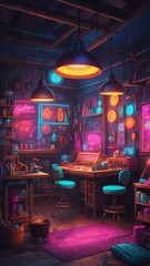 Naklejka premium illustrative albedo craft workshop retro neon theme