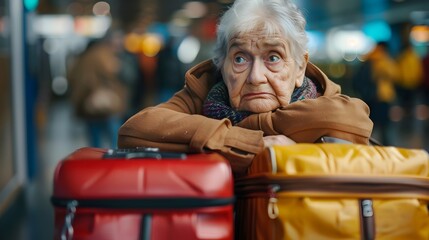 Obraz premium Elderly Fatigued Woman Struggling with Heavy Travel Luggage in City Street