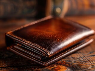 Handmade leather wallet on a wooden table, rustic and elegant, Artisan, Warm browns, Photograph, Craftsmanship detail