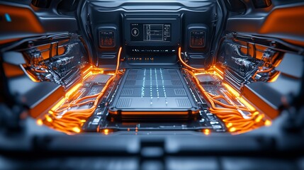 Electric Car Battery Pack Trunk Interior with Orange Wires