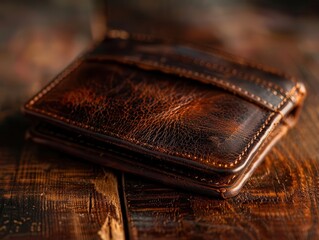 Handmade leather wallet on a wooden table, rustic and elegant, Artisan, Warm browns, Photograph, Craftsmanship detail