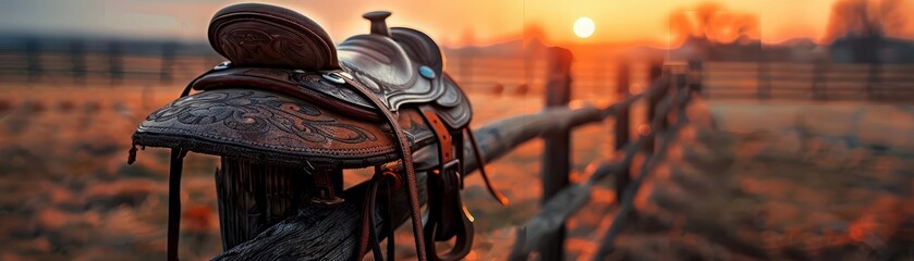 Horse saddle on a fence post, rustic and worn, Vintage, Warm tones, Photograph, Equestrian detail
