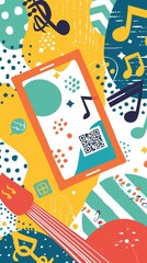 Abstract colorful music design with phone and QR code.