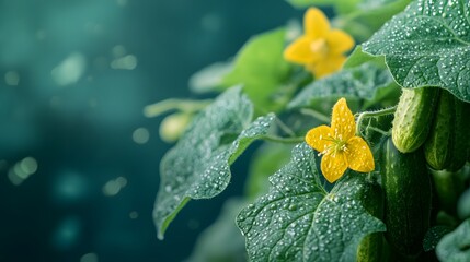 Cucumber plant with vibrant green leaves, yellow flowers, and young cucumbers, macro photography, teal blue background, botanical illustration, fresh organic produce.