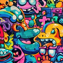 Colorful Cartoon Graffiti on a Brick Wall