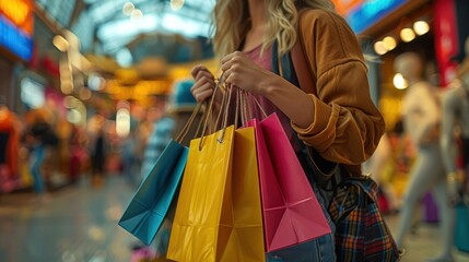 Joyful Shopping Spree - Cheerful Woman with Shopping Bags in Front of Vibrant Store Display