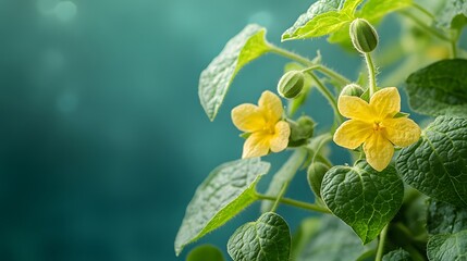 Cucumber plant with vibrant green leaves, yellow flowers, and young cucumbers, macro photography, teal blue background, botanical illustration, fresh organic produce.