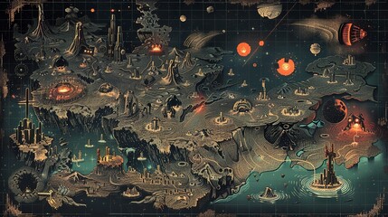 Vintage fantasy wall art map decoration navigational cartography design