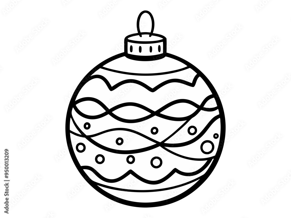 Wall mural Black and white outline illustration of Christmas ornament with patterns. Isolated on white background. Concept of holiday decoration, festive design, seasonal coloring, Christmas craft template