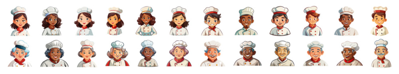 Set of male and female chefs of various nationalities and ages isolated on a white background. Group of cooks in uniforms. Concept of culinary diversity, kitchen staff. Prints, logo, design elements