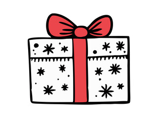 Red and white Christmas gift box with a ribbon isolated on a white background. Concept of present illustration, festive season, minimalist style, holiday decor. Print, icon, design element.