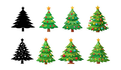 Obraz premium Set of decorated Christmas trees, including colorful illustrations and black silhouettes, isolated on white background. Design elements for holiday decor, Christmas symbols, winter celebration