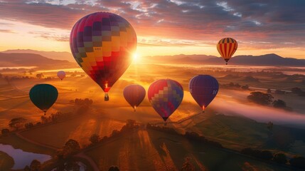Obraz premium Hot air balloons over a landscape at dawn, colorful and serene, Adventure, Bright hues, Photograph, Scenic view