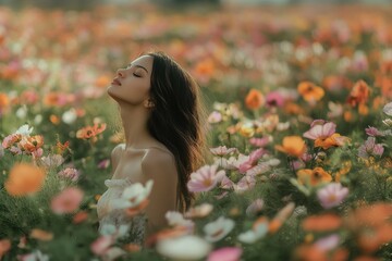 Woman Embracing Serenity in a Field of Vibrant Wildflowers